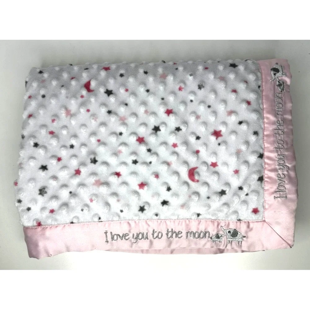 Just Born Baby Blanket I love you to the moon Elephants Pink Dots Texture